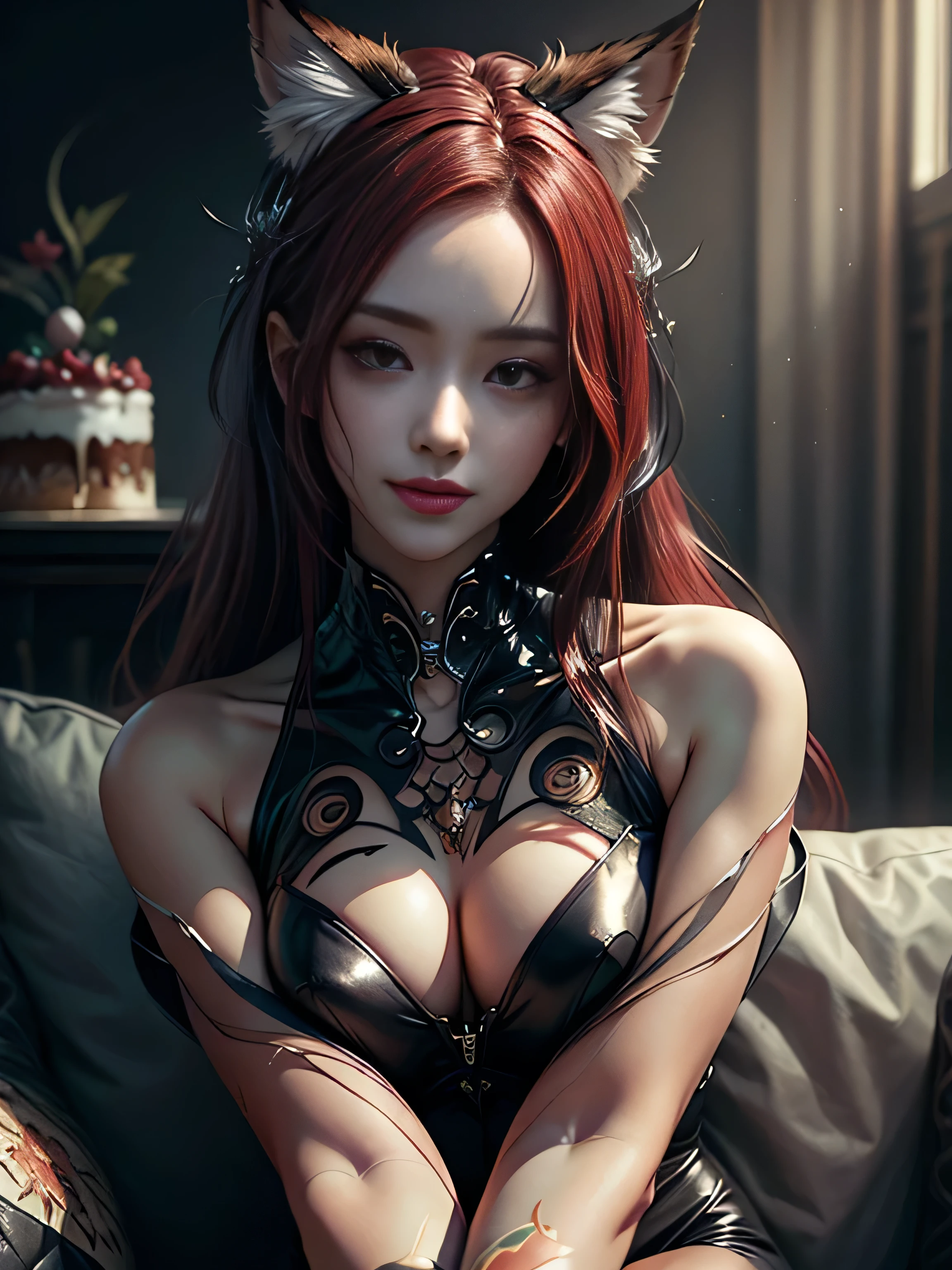 (masterpiece: 1.2), (best quality), (ultra detail), (8k, 4k, complex), (half frame: 1.2), (high detail: 1.2), (face detail: 1.2), (Realistic) stylish fox with red hair hair in leather clothes, cat and cake sitting on the sofa, attractive fox girl, Ruan Jia and Artgerm, Artgerm style, beautiful young fox girl, model ig | artgerm, cgstation trends, fox girl, Ideal female body, Eyes looking at camera (with long red hair, long bangs, Forehead, smile, seductive, inspired by anime character portrait) color difference, depth of field, dramatic shadow, ray tracing ,best quality,highly detailed CG,8K wallpaper,female model,[Carefully rendered hair [More about beautiful and shiny hair]],(Perfect hand detail [Beautiful fingers without breakage [Beautiful nails]],(Perfect anatomy (Perfect proportions) ) [[Full body view]],[Perfect color coordination (Accurate imitation of the interaction of light and material)], [Fine art that conveys the meaning of the story]