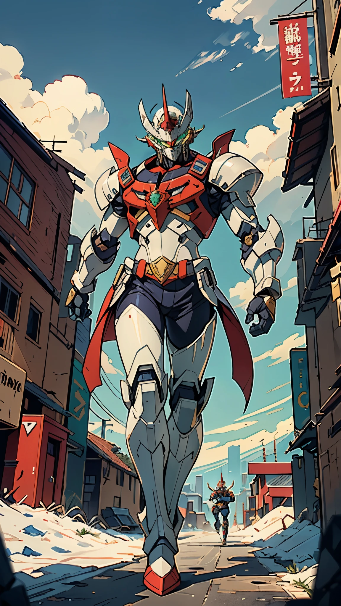 A man wearing a full-face helmet, a fantasy-style biotech armored combat suit, green eyes, (a composite layered chest armor), fully enclosed shoulder guards, matching arm and leg guards, the belt is adorned with Z mark, (the color scheme is primarily white with red and blue accents), the design balances heavy with agility, a high-tech bio-mecha armor, (Armor Concept Inspired by Mazinger Z, stand on the top of a skyscraper in a futuristic sci-fi city), this character embodies a finely crafted fantasy-surreal style armored hero in anime style, exquisite and mature manga art style, (battle damage, element, plasma, energy, the armor glows), ((male:1.5)), metallic, real texture material, dramatic, high definition, best quality, highres, ultra-detailed, ultra-fine painting, extremely delicate, professional, perfect body proportions, golden ratio, anatomically correct, symmetrical face, extremely detailed eyes and face, high quality eyes, creativity, RAW photo, UHD, 32k, Natural light, cinematic lighting, masterpiece-anatomy-perfect, masterpiece:1.5