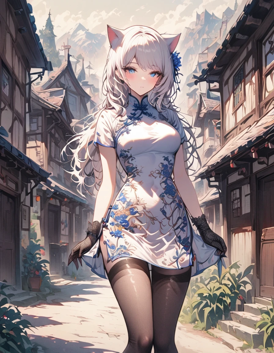 SFW, masterpeice, highres, 1 Girl, solo, standing, looking at the viewer, white long hair, cat ears, blue pupils, detailed eyes, detailed face, blushing, light pink lips, fishnet stockings, calm, intellectuals, three bangs, white short dress, lace gloves, village, mountains in the background