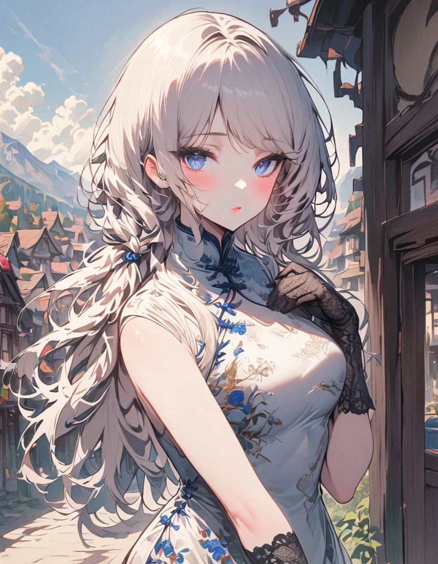 SFW, masterpeice, highres, 1 Girl, solo, standing, looking at the viewer, white long hair, cat ears, blue pupils, detailed eyes, detailed face, blushing, light pink lips, fishnet stockings, calm, intellectuals, three bangs, white short dress, lace gloves, village, mountains in the background