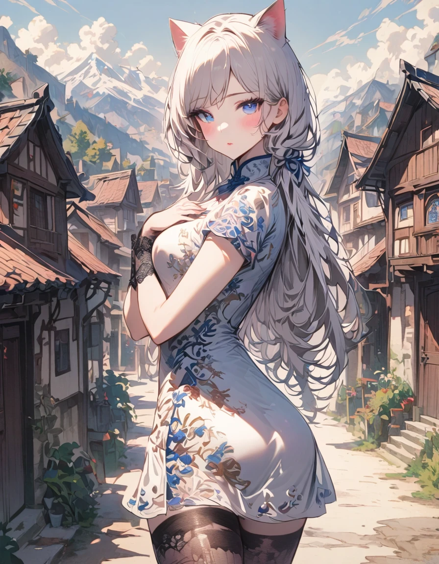 SFW, masterpeice, highres, 1 Girl, solo, standing, looking at the viewer, white long hair, cat ears, blue pupils, detailed eyes, detailed face, blushing, light pink lips, fishnet stockings, calm, intellectuals, three bangs, white short dress, lace gloves, village, mountains in the background