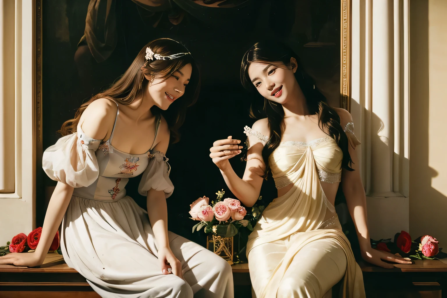 ull body portrait or statue、Sandro Botticelli painting style,Arguments of two female Philosophe,math、astronomical machine、astronaut、roses in vase、fruits、Cute trinkets、smile、ancient greek costume、Ancient Roman landscape in the style of Nicolas Poussin,laughter,,Sweet and seductive appearance.、Caravaggio's paintings、Chiaroscuro of Caravaggio、hair tousled by the wind,Two women frolicking,cute smile, expression of ecstasy,Sexy,erotic
