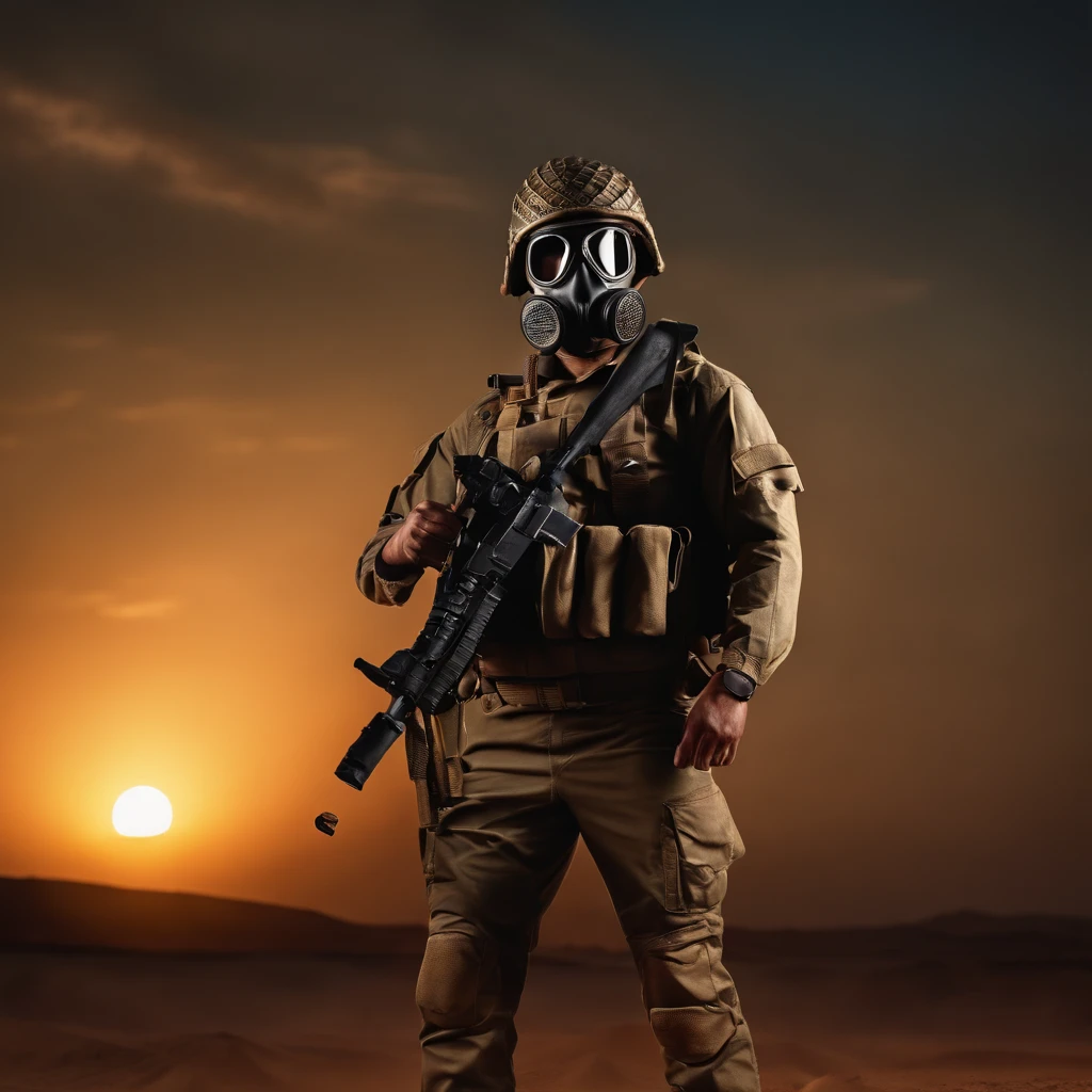 (best quality,4k,8k,highres,masterpiece:1.2),ultra-detailed,(realistic,photorealistic,photo-realistic:1.37),photograph,Thai man as soldier,wearing military gas mask,holding m16 gun,roads,dusty atmosphere,desert sunset,warrior,serious expression,confident stance,strong pose,vibrant colors,dramatic lighting