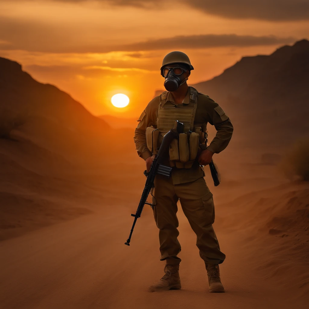 (best quality,4k,8k,highres,masterpiece:1.2),ultra-detailed,(realistic,photorealistic,photo-realistic:1.37),photograph,Thai man as soldier,wearing military gas mask,holding m16 gun,roads,dusty atmosphere,desert sunset,warrior,serious expression,confident stance,strong pose,vibrant colors,dramatic lighting