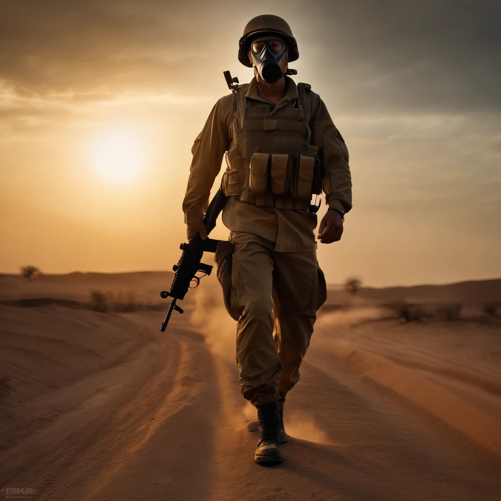 (best quality,4k,8k,highres,masterpiece:1.2),ultra-detailed,(realistic,photorealistic,photo-realistic:1.37),photograph,Thai man as soldier,wearing military gas mask,holding m16 gun,roads,dusty atmosphere,desert sunset,warrior,serious expression,confident stance,strong pose,vibrant colors,dramatic lighting