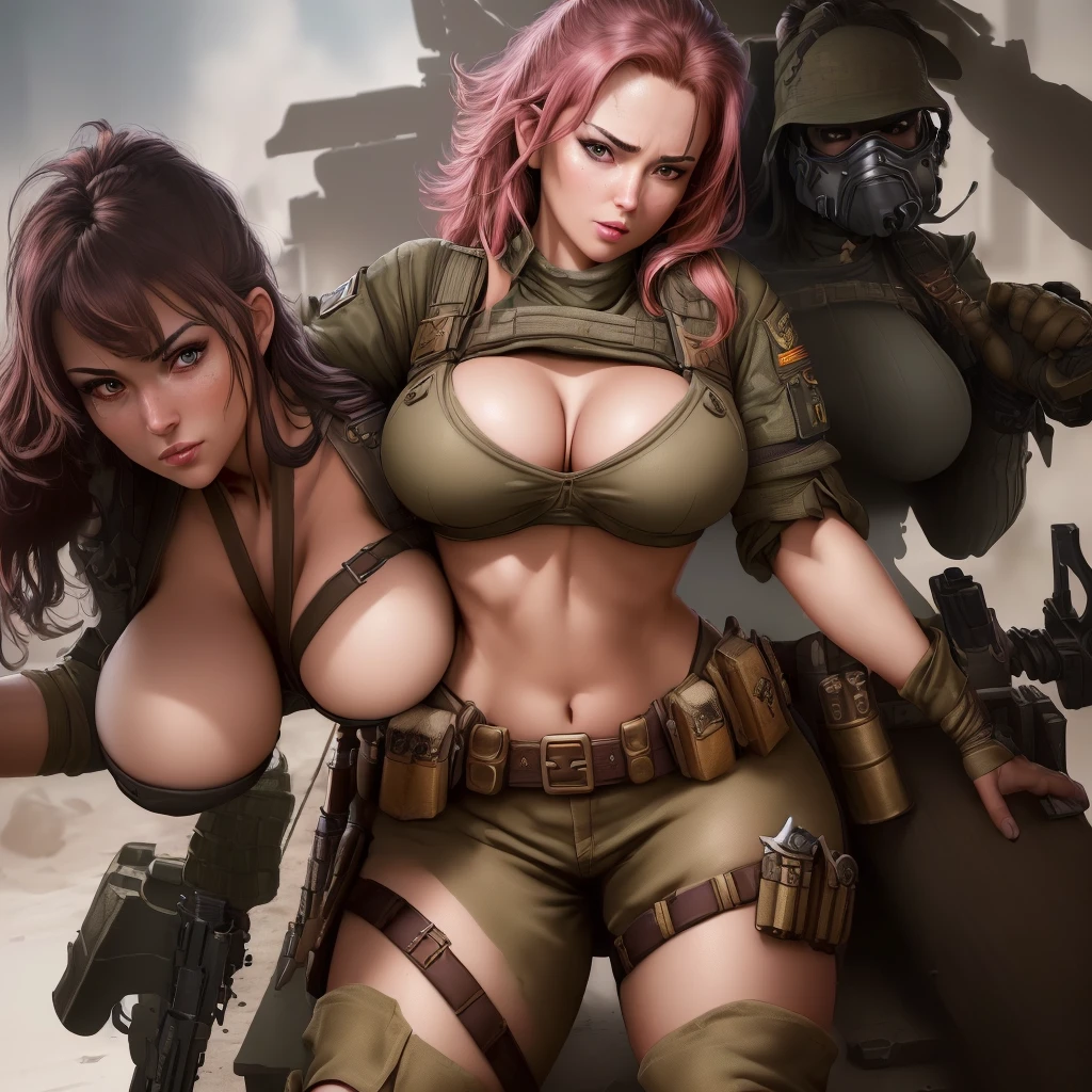 (best quality,highres,ultra-detailed,realistic:1.37), busty mercenary, teasing pose, cute face, huge breasts, sexy combat outfit, ammo belt, weapons, leaning on war wagon, full body, illustrations, studio lighting, intense colors, sharp focus.