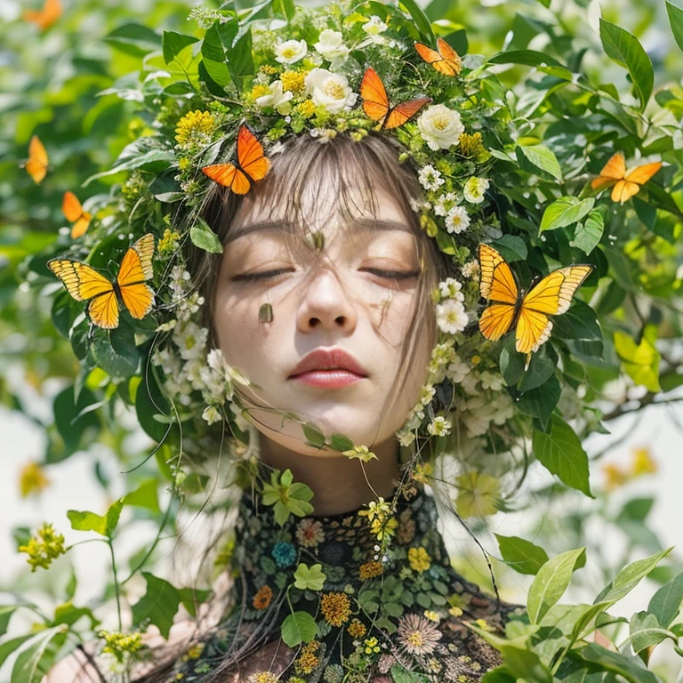 (highest quality、4k、8k、High Resolution、masterpiece:1.2)、Super detailed、(Real、Photorealistic、Photorealistic:1.37)、Plant-human hybrid、Beautifully intertwined、Creation of Nature、Fusion of biology、A blend of organic forms 、exquisite floral pattern、Plant elements combined with human features、Lush greenery enveloping the human form、Vibrant flowers sprout from human limbs、Unity in Diversity、Quietly intertwined、Blooming limbs dancing in the wind、The delicate veins of life flowing through the skin of a flower、Ethereal beauty with a slightly quirky touch、Anthropomorphic Enchanted Garden、Beyond the boundaries between nature and humanity、Celebrating the interconnectedness of all life、Awe-inspiring transformations of flora and fauna、An unexpected union of two disciplines。 media: Digital illustration、Mixed Media Works、Experimental Art Installation Additional Details: A captivating flower crown adorning the head、Ivy vines hanging down the arms and legs、Delicate petals appearing from your fingertips、Roots intertwined with leaf veins、Flowers blooming from an open mouth、Leaves that reflect the world - Human body shape、Leaves enveloping the body、Butterfly wings growing from shoulder blades、Bioluminescent mushrooms that illuminate their surroundings、Pollen floating in the air、A fantastic atmosphere、An otherworldly energy radiates from the hybrid form.、Dappled sunlight filtering through the trees and the dense foliage casting mesmerizing shadows on the ground.。 Artistic style: Surrealism、Botanical realism、Modern fantasy、Magical Realism、Fantastic beauty、dream-like、Unusual color palette: Brilliant green、Soft pastels、Warm earth tones、Pop vibrant floral pattern、A gentle gradient from light to dark、A harmonious blend of natural shades 、Iridescent lighting creates an otherworldly glow：Soft and diffused sunlight、Dappled Shadow、Glowing bioluminescence、Warm golden glow、Illuminating the interplay between plants and the human form