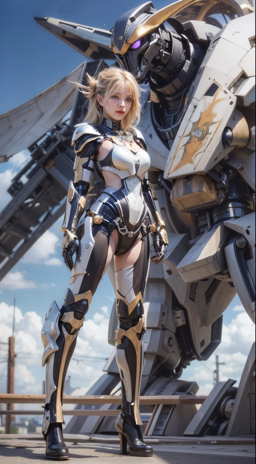(masterpiece, best quality:1.2), (8k uhd, 16k, 32k, ultra high res), (photorealistic:1.37), (RAW photo), ultimate-realistic, ultimate-realistic details, ultimate-realistic texture, ultimate-intricate details, ultimate-realistic lighting, ultimate-realistic shadow, japanese girl, ultimate-cute face, ultimate-RAW skin, ultimate-realistic eyes, (mechanical:1.4),  (armor), full body, wide shot, realistic background