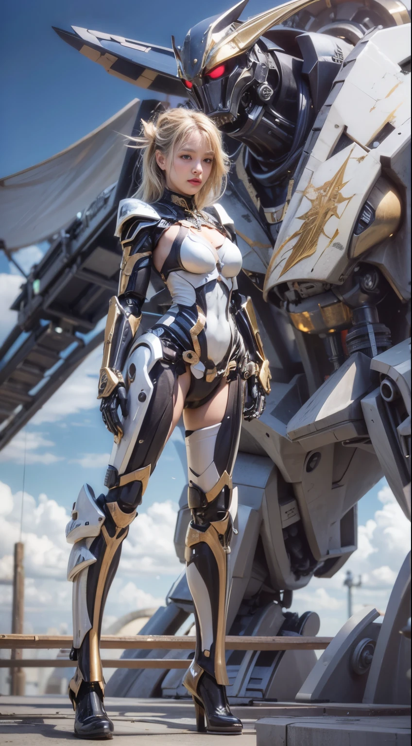 (masterpiece, best quality:1.2), (8k uhd, 16k, 32k, ultra high res), (photorealistic:1.37), (RAW photo), ultimate-realistic, ultimate-realistic details, ultimate-realistic texture, ultimate-intricate details, ultimate-realistic lighting, ultimate-realistic shadow, japanese girl, ultimate-cute face, ultimate-RAW skin, ultimate-realistic eyes, (mechanical:1.4), (armor), full body, wide shot, realistic background