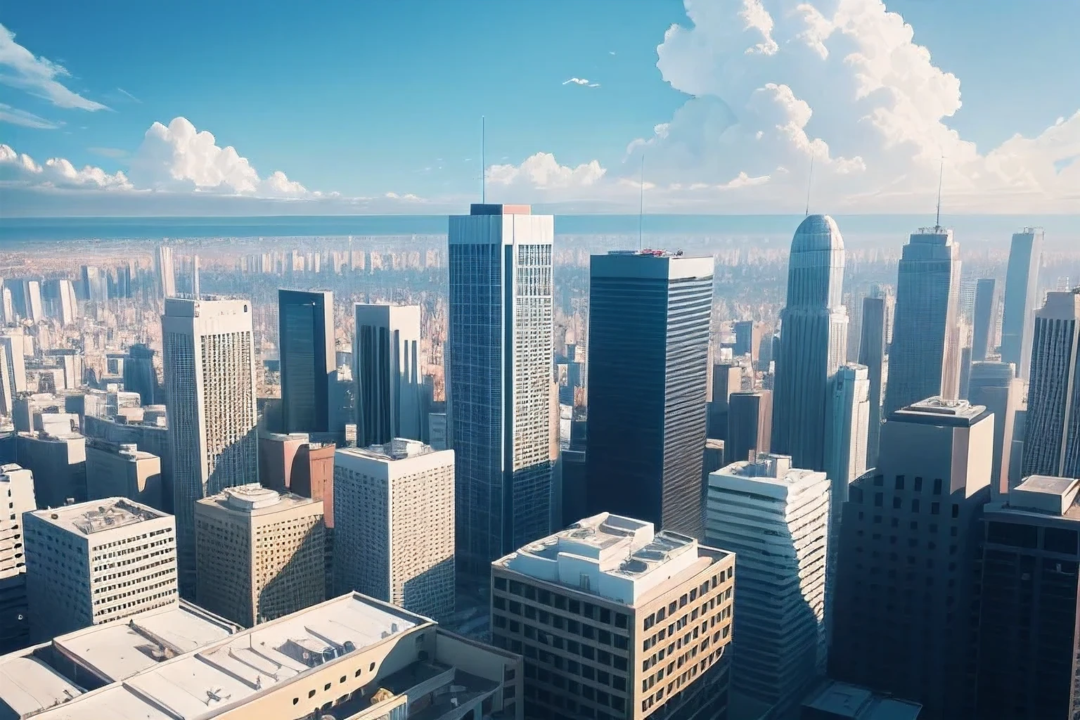 4K Real Image、Buildings under a beautiful blue sky、Flat silhouette