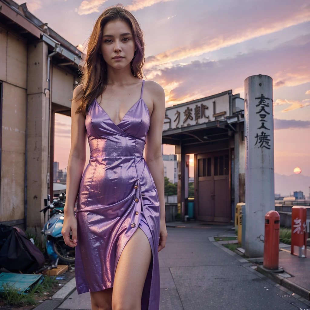 Female supermodel. Takeshit Dori, Tokyo. Pastel purple evening dress. Sunset