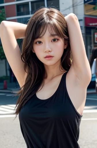 woman, long hair, white skin, korean, double eyelids, black oversized tank top, normal breast, beautiful eyes, armpit, two arms behind head, brown eyes, daylitght, in the street facing forward, high detail, 8k, high quality, HD, highres, UHD, detailed face, posing on camera, eyes looked at one of the armpit