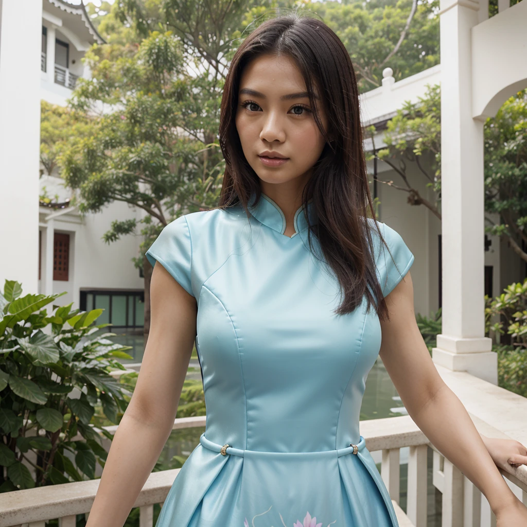 Female supermodel. Singapore Chinese. Chinese Gardens. Singapore. Pastel blue evening dress. Close-up.