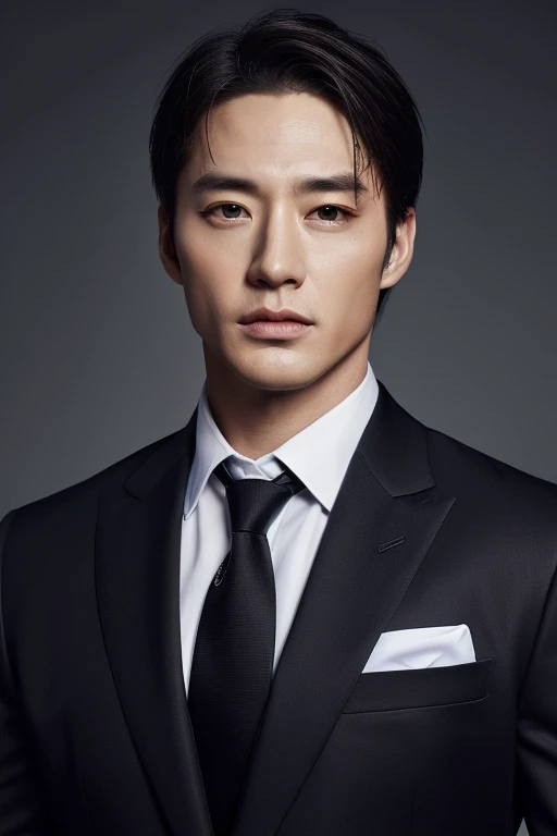 (Absurd, High resolution, Super detailed, Realistic, ), 1 male, alone, mature, Tall and muscular man, Broad shoulders, good looking, Very short hair, Black Hair, Brown eyes, Square jaw, Thick neck, Thick eyebrows, night, dark,  Formal suit, tie, Upper Body
