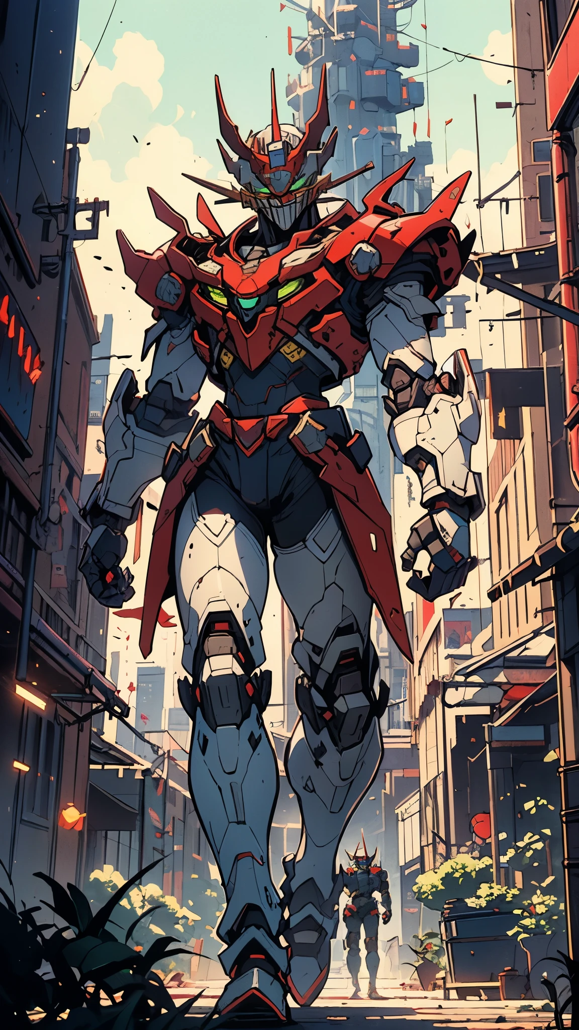 A man wearing a full-face helmet, a fantasy-style biotech armored combat suit, green eyes, (a composite layered chest armor), fully enclosed shoulder guards, matching arm and leg guards, the belt is adorned with Z mark, (the color scheme is primarily white with red and blue accents), the design balances heavy with agility, a high-tech bio-mecha armor, (Armor Concept Inspired by Mazinger Z, stand on the top of a skyscraper in a futuristic sci-fi city), this character embodies a finely crafted fantasy-surreal style armored hero in anime style, exquisite and mature manga art style, (battle damage, element, plasma, energy, the armor glows), ((male:1.5)), metallic, real texture material, dramatic, high definition, best quality, highres, ultra-detailed, ultra-fine painting, extremely delicate, professional, perfect body proportions, golden ratio, anatomically correct, symmetrical face, extremely detailed eyes and face, high quality eyes, creativity, RAW photo, UHD, 32k, Natural light, cinematic lighting, masterpiece-anatomy-perfect, masterpiece:1.5