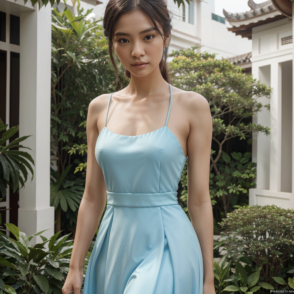 Female supermodel. Singapore Chinese. Chinese Gardens. Singapore. Pastel blue evening dress. Close-up.