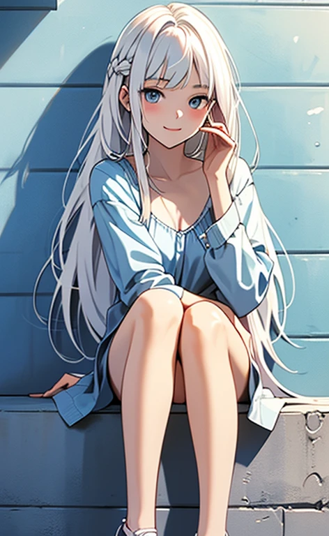 (masterpiece:1.4、top-quality、illustration:,realistic、)、(character focus、,full body:1.3)、(1girl),(light smile:1.3),(accurate hands and feet),cute face,blue eyes、(tareme:1.3)、((sitting legs up:1.5),
(),(sitting,lean against the wall:1.4),、
(white hair),(long hair:1.5)、
,(her room:1.3),（Room wear:1.5),
(blunt bangs),(sidelocks:1.3), (small breasts:1.2)、
、slender、