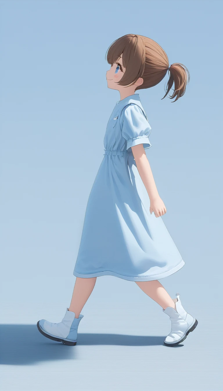 (best quarity,ultra detailed,ultra-high-resolution, absolutely resolution,8k, masterpiece),simple and flat background, light blue theme, very-cute-and-beautiful-anime-girl,(walking:1.2), (from side:1.2), brown hair, short hair, ponytail, smile,