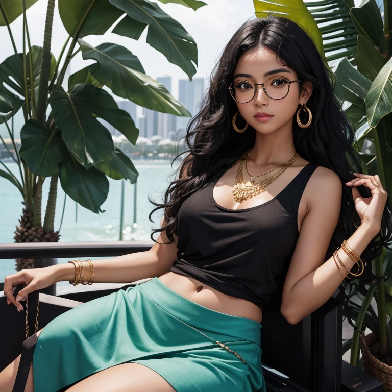 A cute Asian and Black mixed-race gypsy girl with dark brown skin, long curly black hair, green Asian monolid eyes, and big black round glasses, wearing a blue tank top, a white skirt, and gold jewellery in a tropical city with palm trees