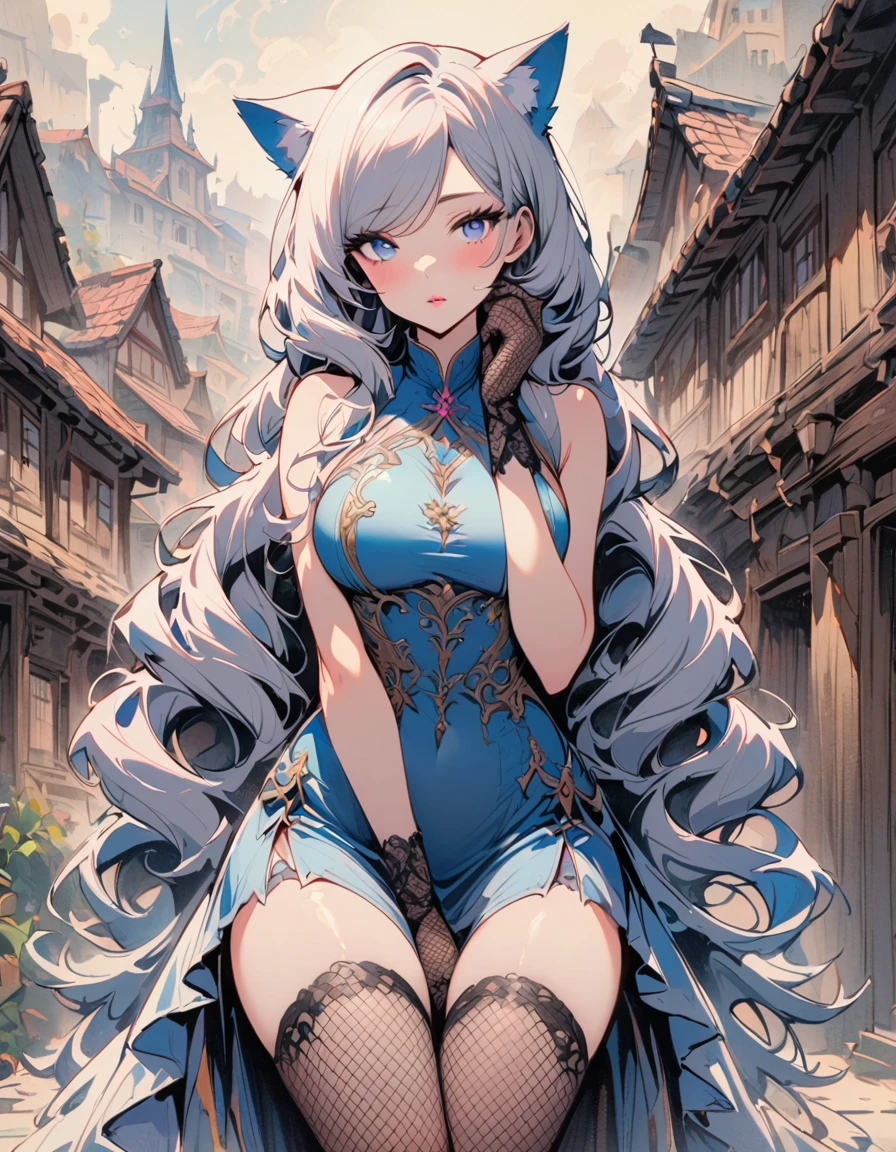 SFW, masterpeice, highres, 1 Girl, solo, standing, looking at the viewer, white long hair, cat ears, blue pupils, detailed eyes, detailed face, blushing, light pink lips, fishnet stockings, calm, intellectuals, three bangs, blue short dress, lace gloves, village, mountains in the background
