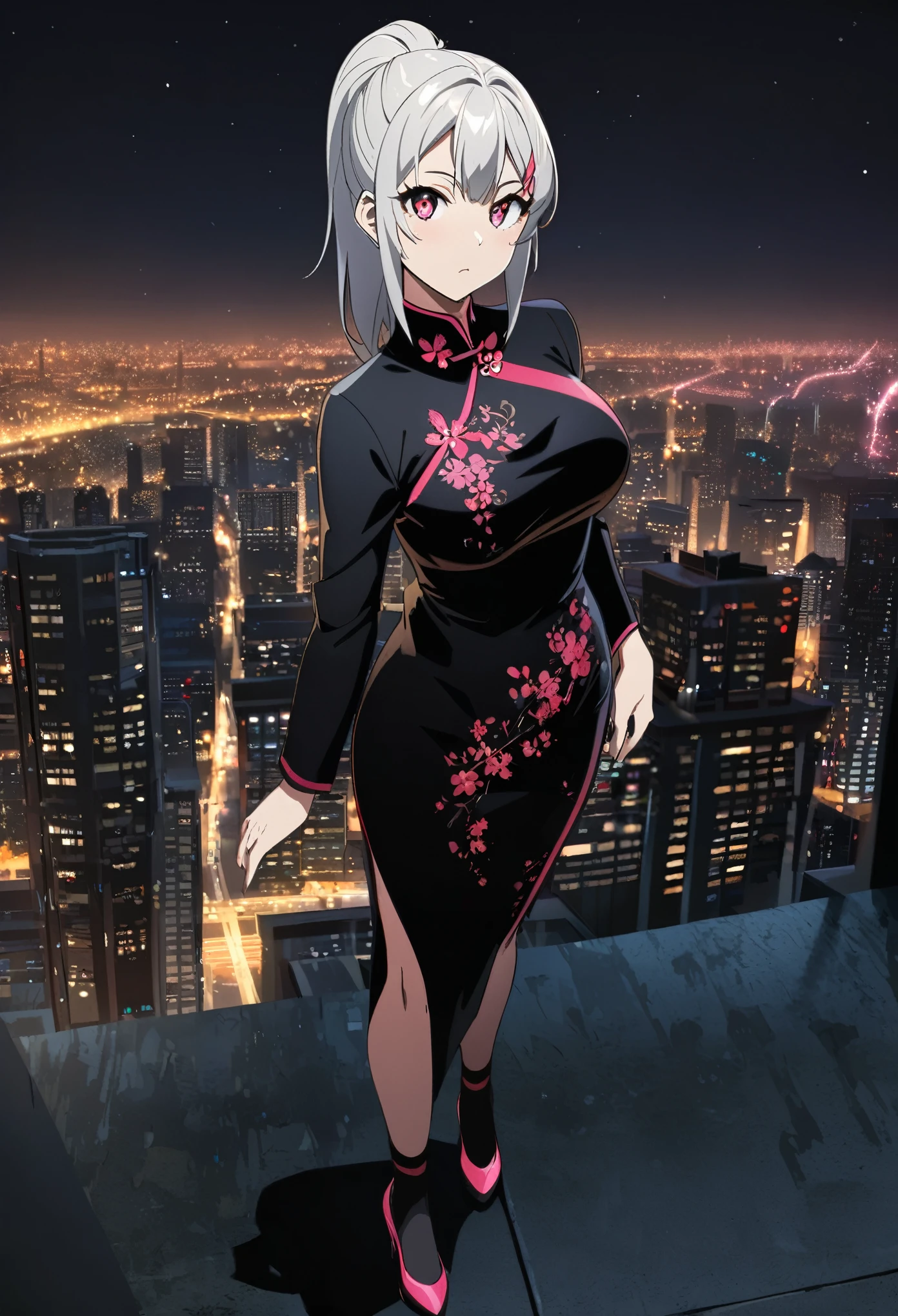 anime, (artwork, best quality, ultra-detailed, high contrast), 1 woman brasilian (Alone, full body, plus size body, standing on the edge of the skyscraper, silver hair, LONG In a ponytail, red eyes, perfect eyes ruby sparkles, (simple black qipao, black cybernetics with neon pink), transparent black socks), (skyscraper roof, overlooking a city, detailed background ((night time, Darkness, low light pollution)))