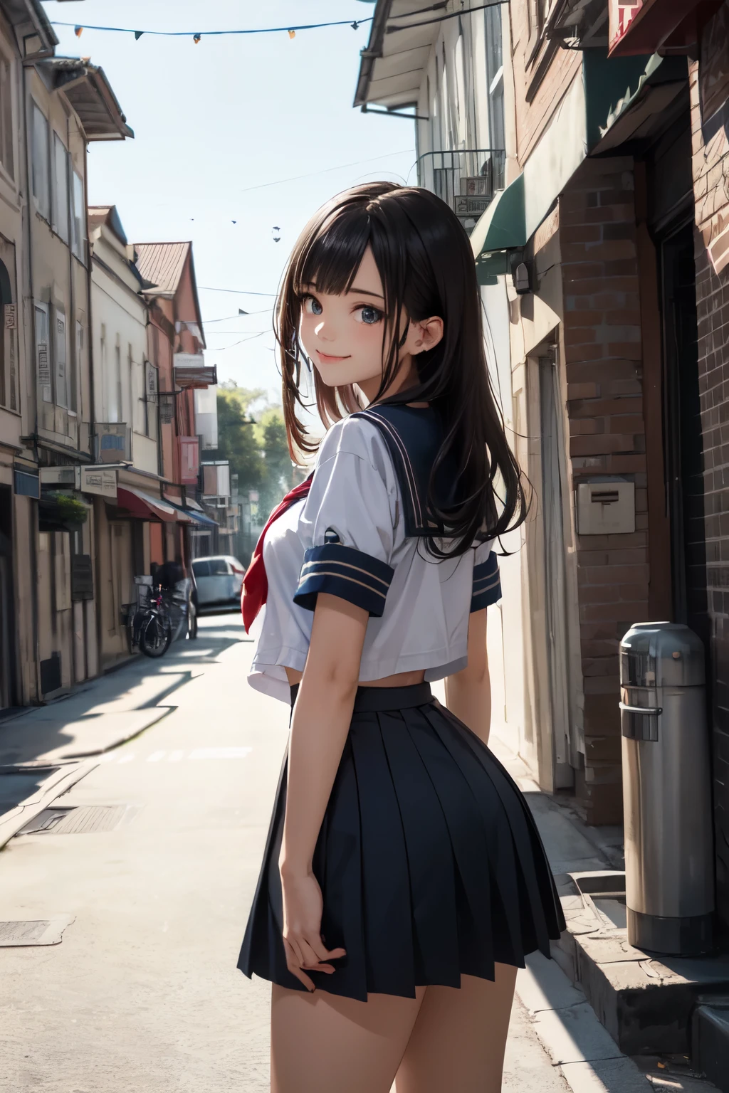 very cute and beautiful girl,(highly detailed beautiful face and eyes), (smile),happy,black hair,sailor ,short sleeve,(pleated navyblue mini skirt),standing in front of building entrance with bricks,arms behind back, town street,city square,roadsite trees,distant trees and town, (best quality,masterpiece),absurdres,highres,ultra-detailed,extremely detailed,32k,8k resolution, intricate details,cinematic scene,detailed background,solo,