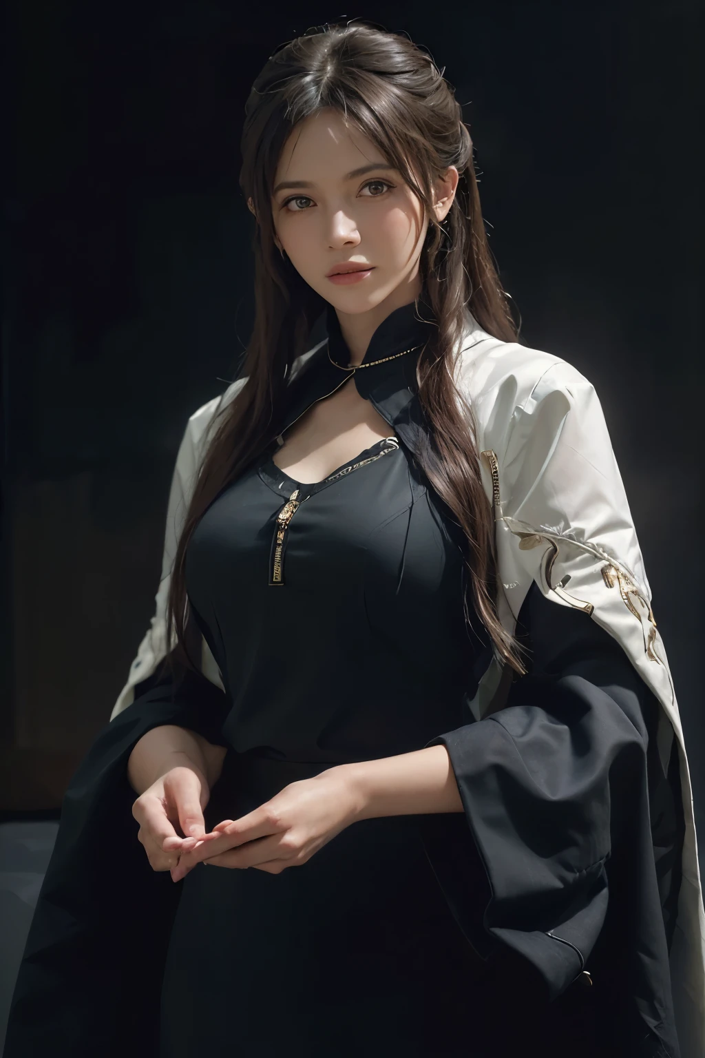 (front focus), (in the dark:1.6), Hyperrealist portrait of female by david hockney and alphonse mucha, fantasy art, photo realistic, dynamic lighting, artstation, poster, volumetric lighting, very detailed faces, 4 k, award winning, 1girl, in the dark, deep shadow, low key, cowboy shot, (official clothing:1.4), long hair, white hair