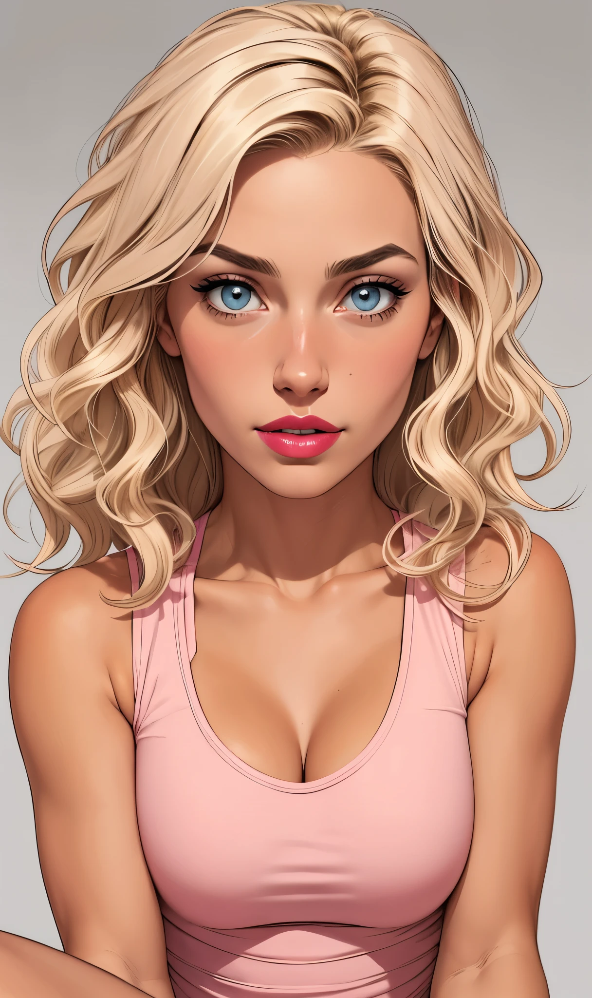 
Flat colors,close-up, portrait,  of a 25 year old surfer looking girl, tan skin, ([light blueish eyes]) blonde wavy hair, natural beaty, (([beautiful lips, light pink lipstick])) Beautiful, casual, low sitting tank top, cleavage, ((looking directly at camera))  masterpiece, (([Simple grey background]))

