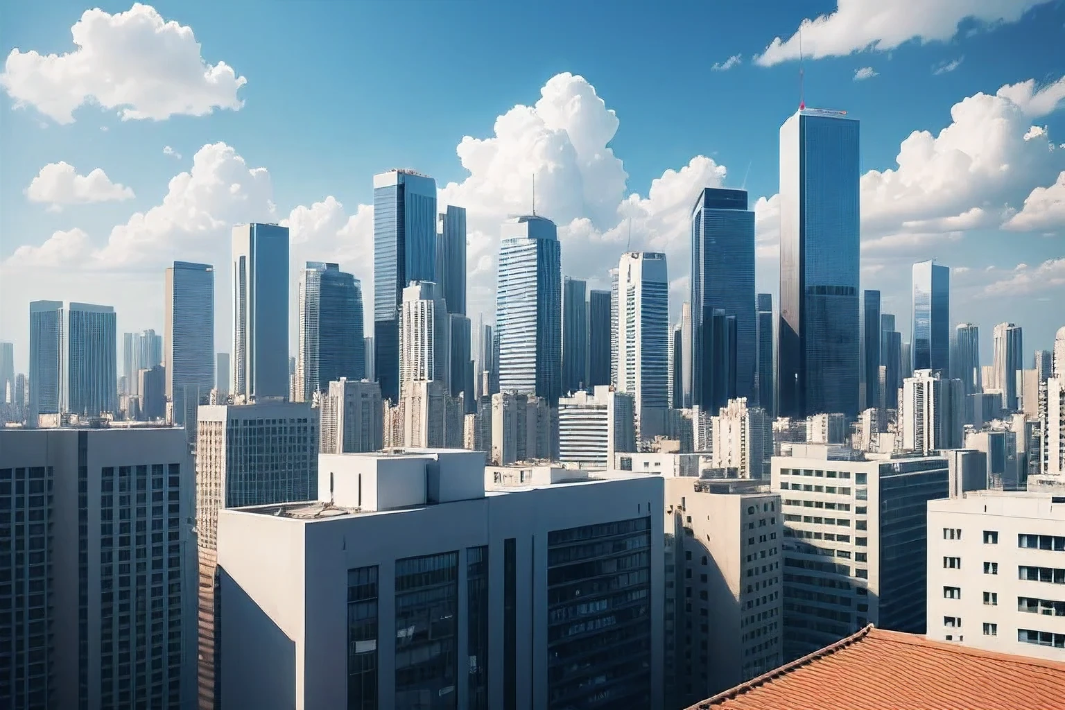 4K Real Image、Beautiful blue sky、Flat silhouette of buildings