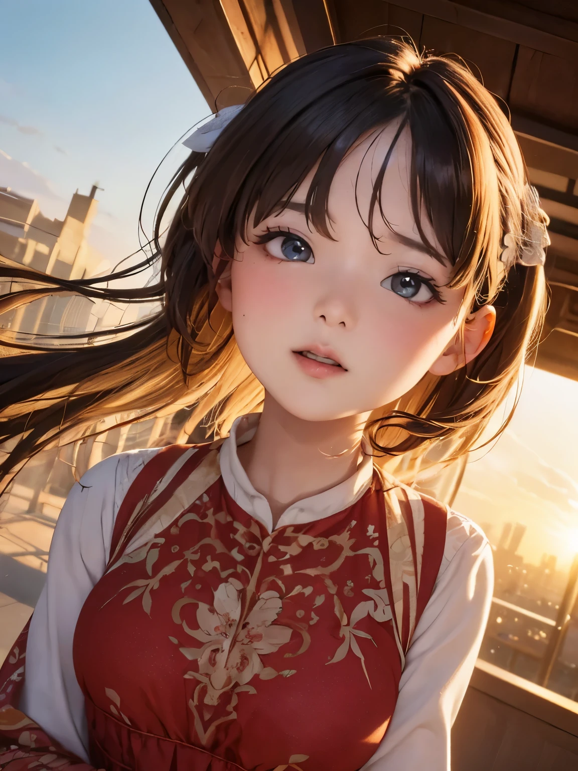 high-definition image, (((round face))), eyes realistic sizing, realistic skin, drooping eyes, smiling, ((various patterned feminine casual long dress)), (strong sunlight, old fashion), skyscrapers, hair up, 