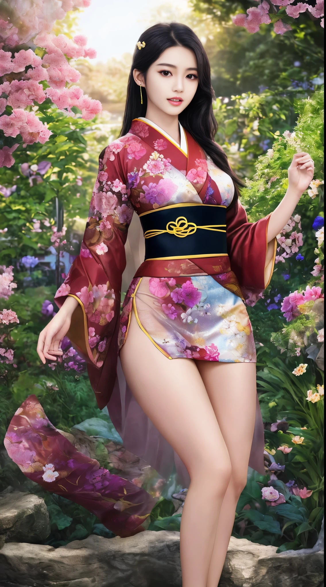 最high quality、high quality、Best image quality、8k、最High resolution、High resolution、最high quality、masterpiece、RAW Photos、whole body写真、Detailed and realistic human body、Detailed and realistic skin、Realistic face in every detail、Detailed and realistic eyes、Detailed and realistic lips、Detailed and realistic teeth、Detailed and realistic ears、Detailed and realistic hair、Realistic reproduction of every detail、((Beautiful Hands(thumb1、reference4))、Realistic feet down to the last detail、((Beautiful Japanese Girl))、(Japanese Model)、((18 year old beautiful girl))、(Black Hair)、(Random Hairstyles)、((whole body))、((Slim and perfect figure))、(Beautiful and firm breasts)、(whole body光沢肌、Fair skin)、Soft natural light、China dress、kimono、Ninja costume、Japanese tradition、Japanese garden、((Colorful see-through(Floral Ninja Costume))、((Relax in the garden(Make your thighs look beautiful))