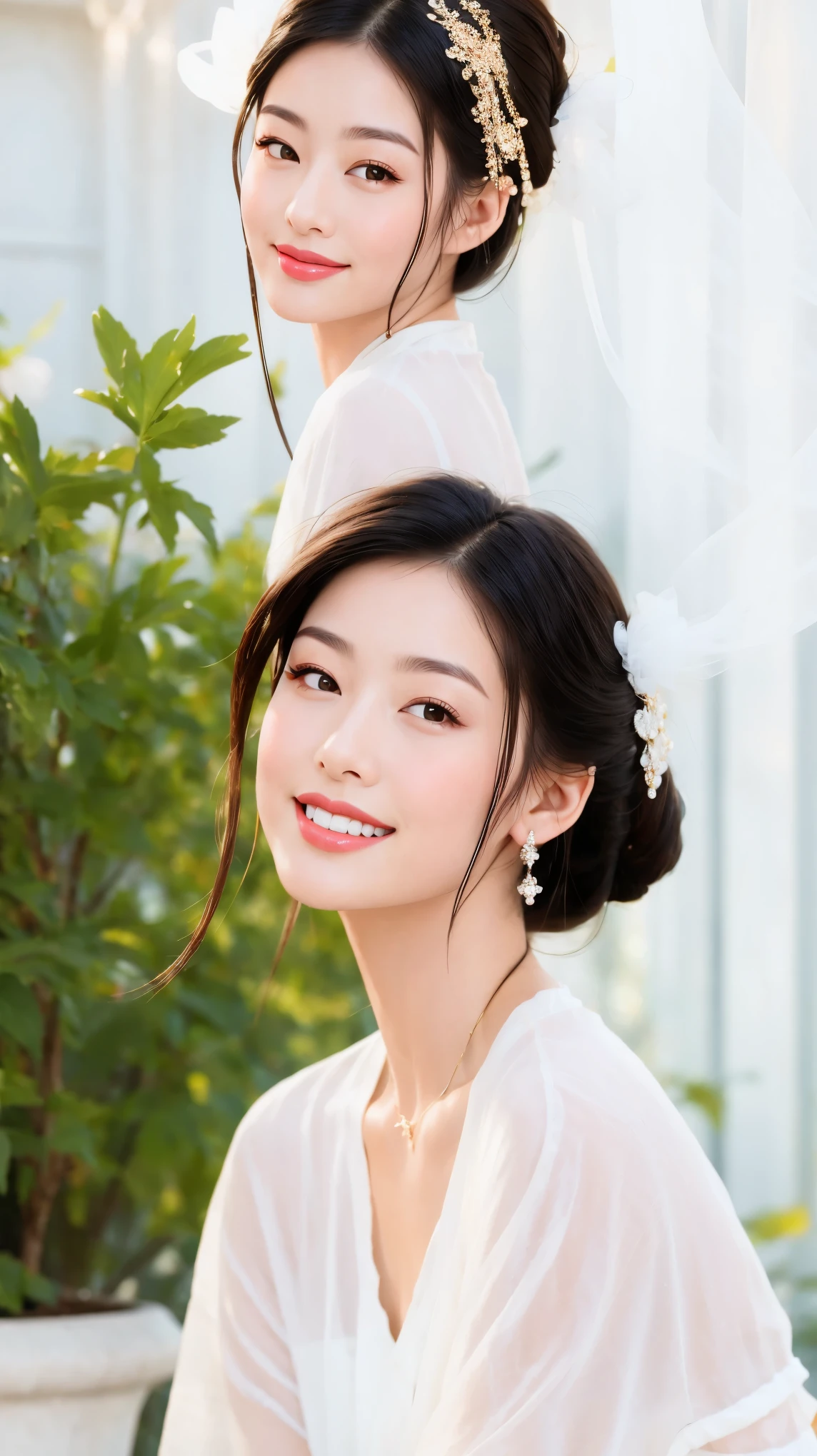 Fashion model 25 years old [[[[close up]]]], [[[[neck]]]], [[[[Shoulder]]]], Perfect eyes, Perfect iris，Perfect lips，Perfect Teeth，Perfect skin，White skin，Soft headlight，High-density imaging review，（Face is clear and delicate），((White casual wear))，((Smile))，((Background is indoor))，best quality，masterpiece，（Soft colors：1.2