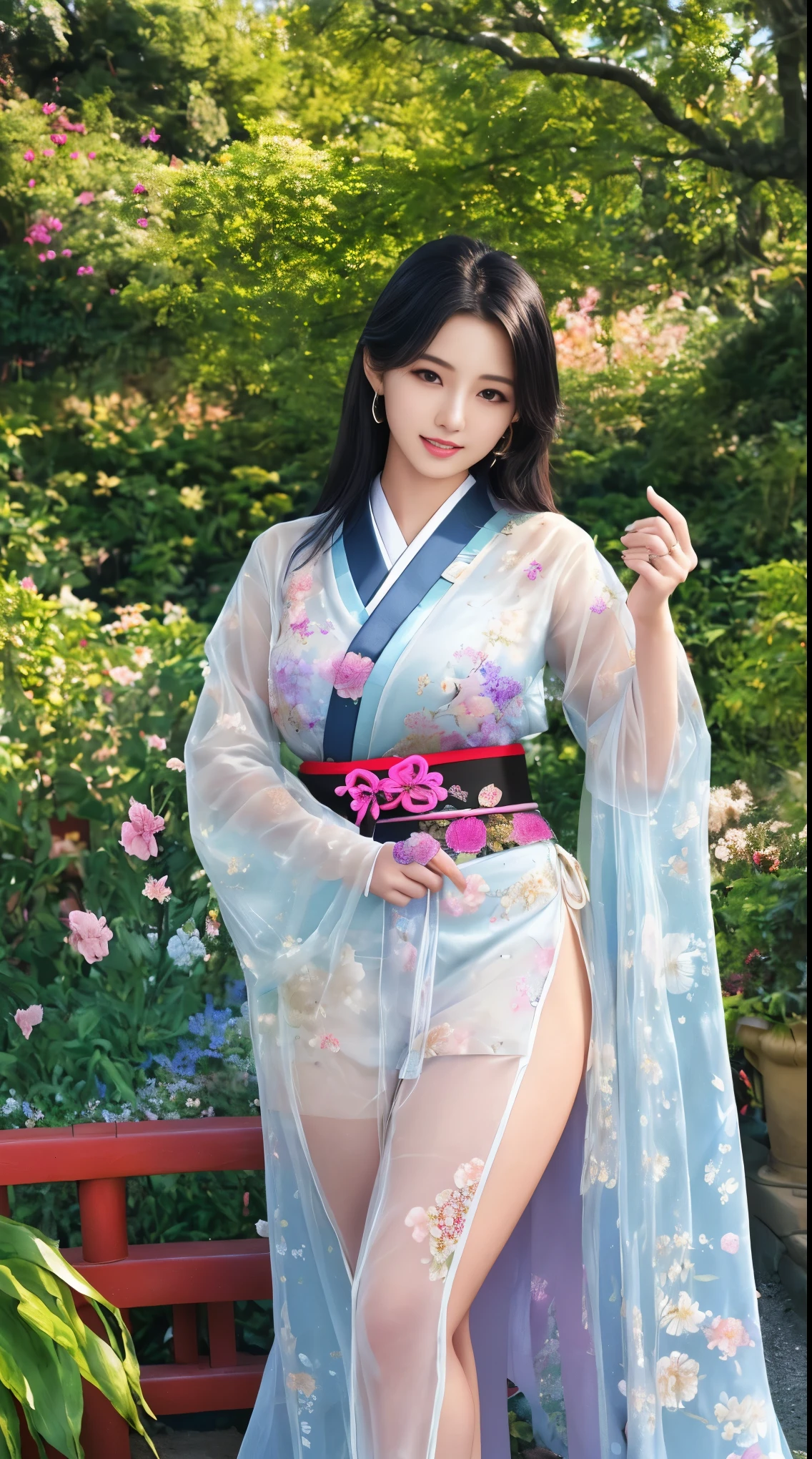 最high quality、high quality、Best image quality、8k、最High resolution、High resolution、最high quality、masterpiece、RAW Photos、whole body写真、Detailed and realistic human body、Detailed and realistic skin、Realistic face in every detail、Detailed and realistic eyes、Detailed and realistic lips、Detailed and realistic teeth、Detailed and realistic ears、Detailed and realistic hair、Realistic reproduction of every detail、((Beautiful Hands(thumb1、reference4))、Realistic feet down to the last detail、((Beautiful Japanese Girl))、(Japanese Model)、((18 year old beautiful girl))、(Black Hair)、(Random Hairstyles)、((whole body))、((Slim and perfect figure))、(Beautiful and firm breasts)、(whole body光沢肌、Fair skin)、Soft natural light、China dress、kimono、Ninja costume、Japanese tradition、Japanese garden、((Colorful see-through(Floral Ninja Costume))、((Relax in the garden(Make your thighs look beautiful))