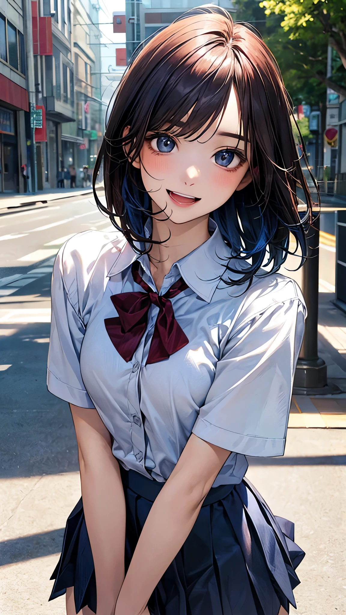 (masterpiece:1.2, top-quality), (realistic, photorealistic:1.4), beautiful illustration, (natural side lighting, movie lighting), nsfw,
looking at viewer, (face focus, upper body), 1 girl, japanese, high school girl, perfect face, cute and symmetrical face, shiny skin,
(short hair:1.2, straight hair, (Indigo blue hair)), swept bangs, blue eyes, big eyes, long eye lasher, (medium breasts), slender, dark red hair ribbon,
beautiful hair, beautiful face, beautiful detailed eyes, beautiful clavicle, beautiful body, beautiful chest, beautiful thigh, beautiful legs, beautiful fingers,
((white collared shirts, grey pleated mini skirt), break, dark red bow tie), yellow hair clip,
(beautiful scenery), evening, (street:1.2), standing, {hands between legs | hands on chest}, (lovely smile, open mouth small),
