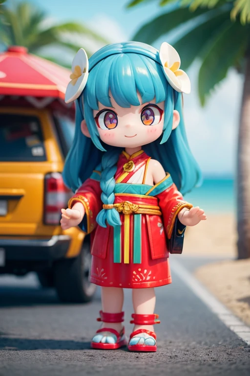 The following scenes will be made into toy camera photos.(morning、 Posing in front of colorful EVs in a parking lot near the beach、 National costume、ethnic hair ornament、Ethnic characteristic shoes、smile、shining light)