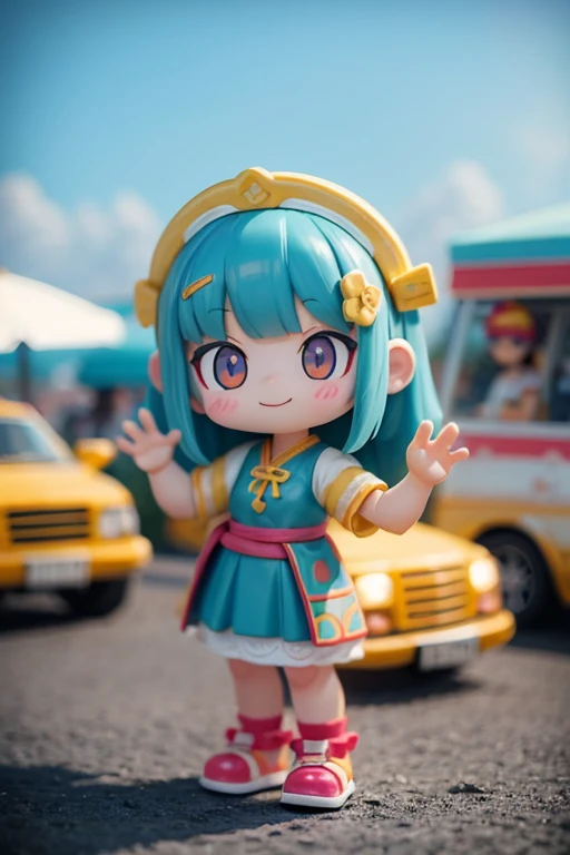 The following scenes will be made into toy camera photos.（morning、 Posing in front of colorful EVs in a parking lot near the beach、 National costume、ethnic hair ornament、Ethnic characteristic shoes、smile、shining light）

