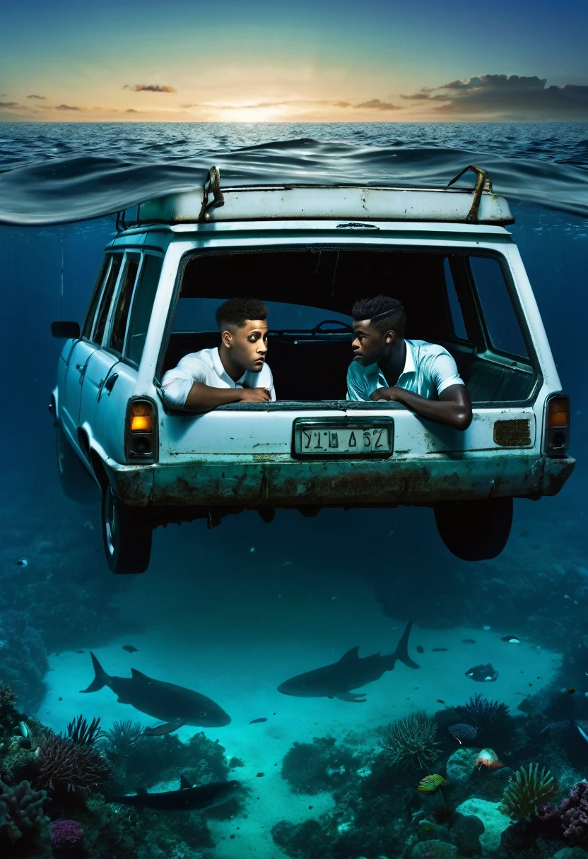 Two men, one white the other afroamerican, in shorts, In the sunken car, underwather, at the bottom of the sea, good quality, Twilight