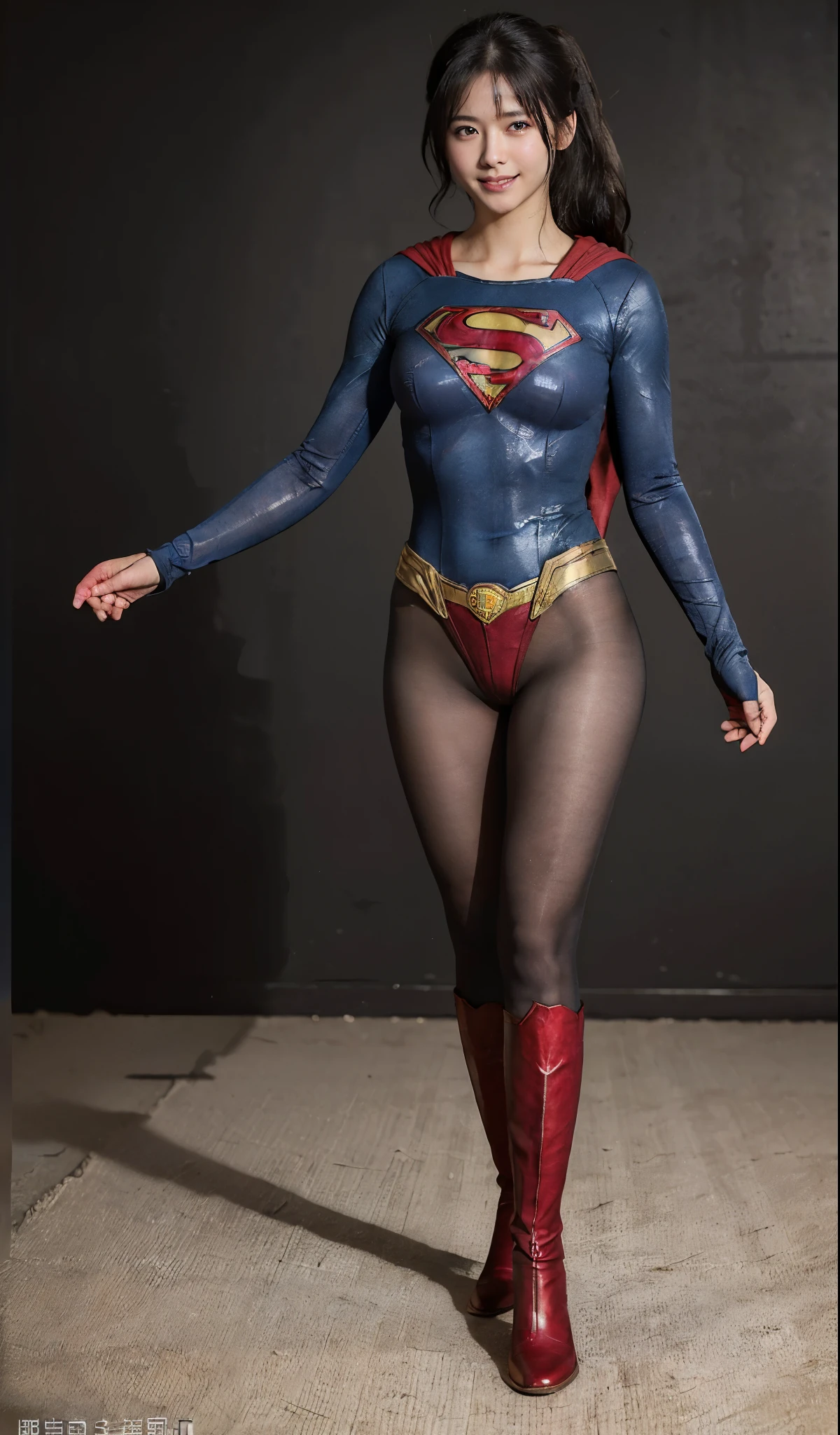 No background、(((Beautiful legs in black tights.)))、(((Legally express the beauty of your smile)))、((((Make the most of your original images)))、(((Supergirl Costume)))、(((ボディにフィットしたSupergirl Costume)))、(((Beautiful hair in a ponytail)))、(((Smiles and winks)))、(((Please wear black tights....、Wear red boots)))、((Best image quality、8k))、((highest quality、8k、masterpiece:1.3))、(((Preserve background )))、Sharp focus:1.2、Beautiful woman with perfect figure:1.4、Slim Abs:1.2、Wet body:1.5、Highly detailed face and skin texture、8k