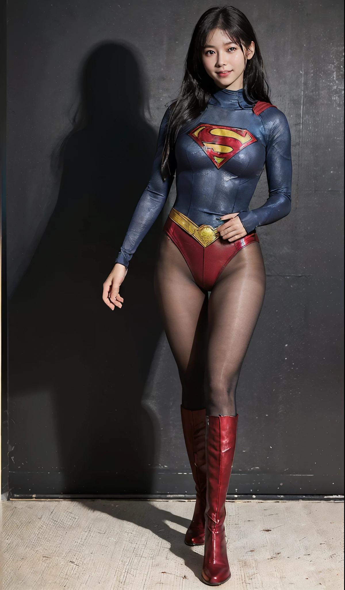 No background、(((Beautiful legs in black tights.)))、(((Legally express the beauty of your smile)))、((((Make the most of your original images)))、(((Supergirl Costume)))、(((ボディにフィットしたSupergirl Costume)))、(((Beautiful hair in a ponytail)))、(((Smiles and winks)))、(((Please wear black tights....、Wear red boots)))、((Best image quality、8k))、((highest quality、8k、masterpiece:1.3))、(((Preserve background )))、Sharp focus:1.2、Beautiful woman with perfect figure:1.4、Slim Abs:1.2、Wet body:1.5、Highly detailed face and skin texture、8k