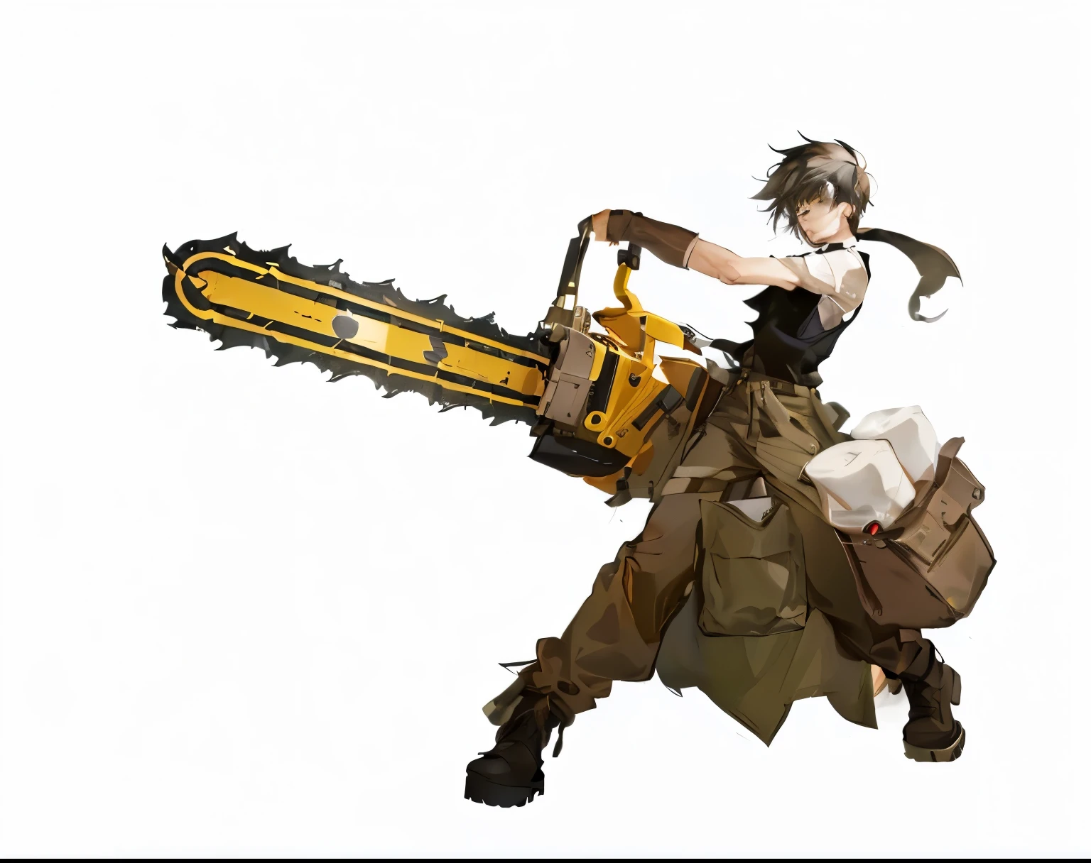 (Extremely refined:1.2), 8K, (masterpiece, the best:1.2), (Men:1.3), Depth of Field、Short messy black hair、Braids、Lumberjack、a boy,laughing out loud,Overalls,Chainsaw,Black tights on the upper body,Black vest,Back,Large backpack