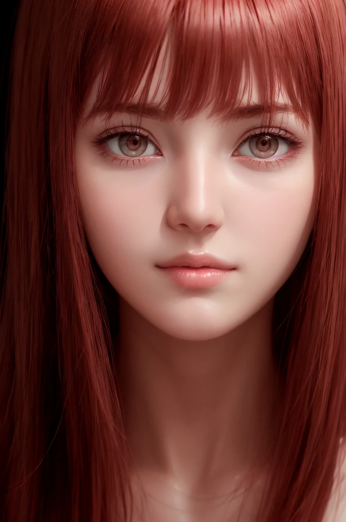 1girl, star eye, blush, perfect illumination, red hair, red eyes, unreal engine, sidelighting, detailed face, bangs, bright skin, simple background, dark background, 