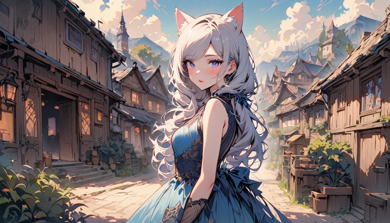 SFW, masterpeice, highres, 1 Girl, solo, standing, looking at the viewer, white long hair, cat ears, blue pupils, detailed eyes, detailed face, blushing, light pink lips, fishnet stockings, calm, intellectuals, three bangs, blue short dress, lace gloves, village, mountains in the background