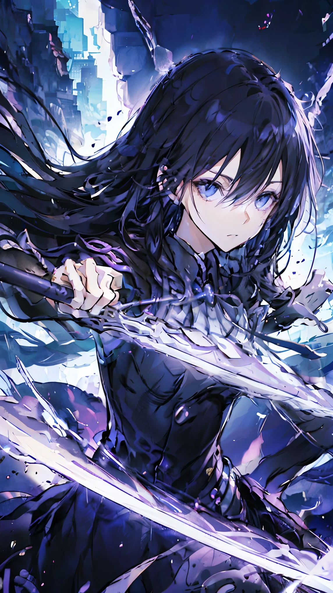 Female Kirito,Purple Eyes,Two Dimensions,anime style,one person(Female Warrior),Correct proportions,Facial details,swordsman,Black skirt,黑色Long hair,neck details,There is an Adam'apple,Set,joke,robe,Clothing details,surrender,Long sleeve,Game quality,sword fight,Ray Tracing,Ray Tracing,Delicate glow,CG Rendering,Hair details,Charming eyes,fair,(Girlish feeling),The costumes are complicated,In the woods,night,Starry Sky,perfect composition,Refinement,high quality,More details,Lots of details,Complex background,Sense of atmosphere,Long hair,Purple Eyes,Black Silk,One or two dislike、Heavy chest