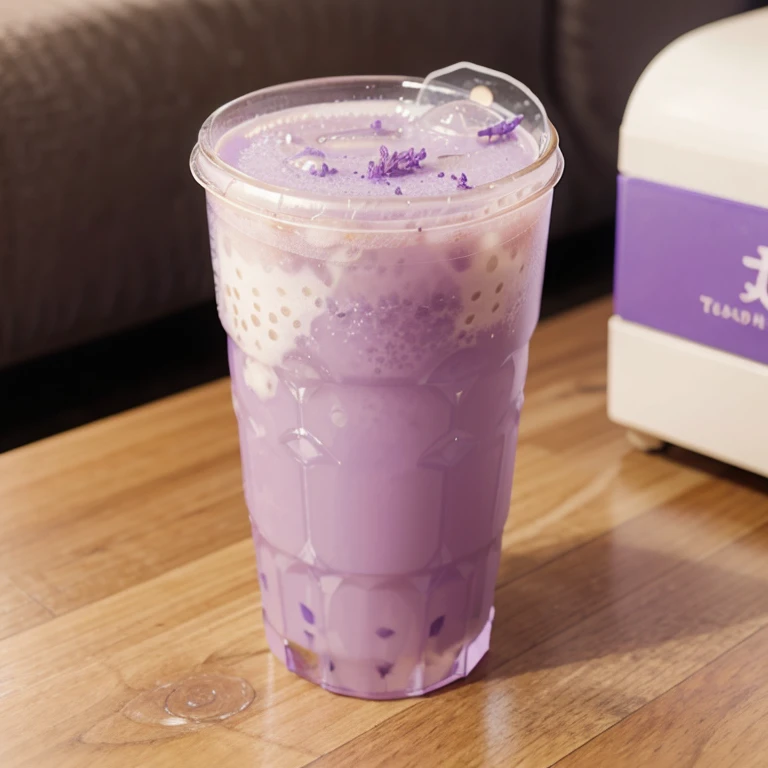 Lavender bubble tea drink, plastic dome cup, minimalistic, realistic
