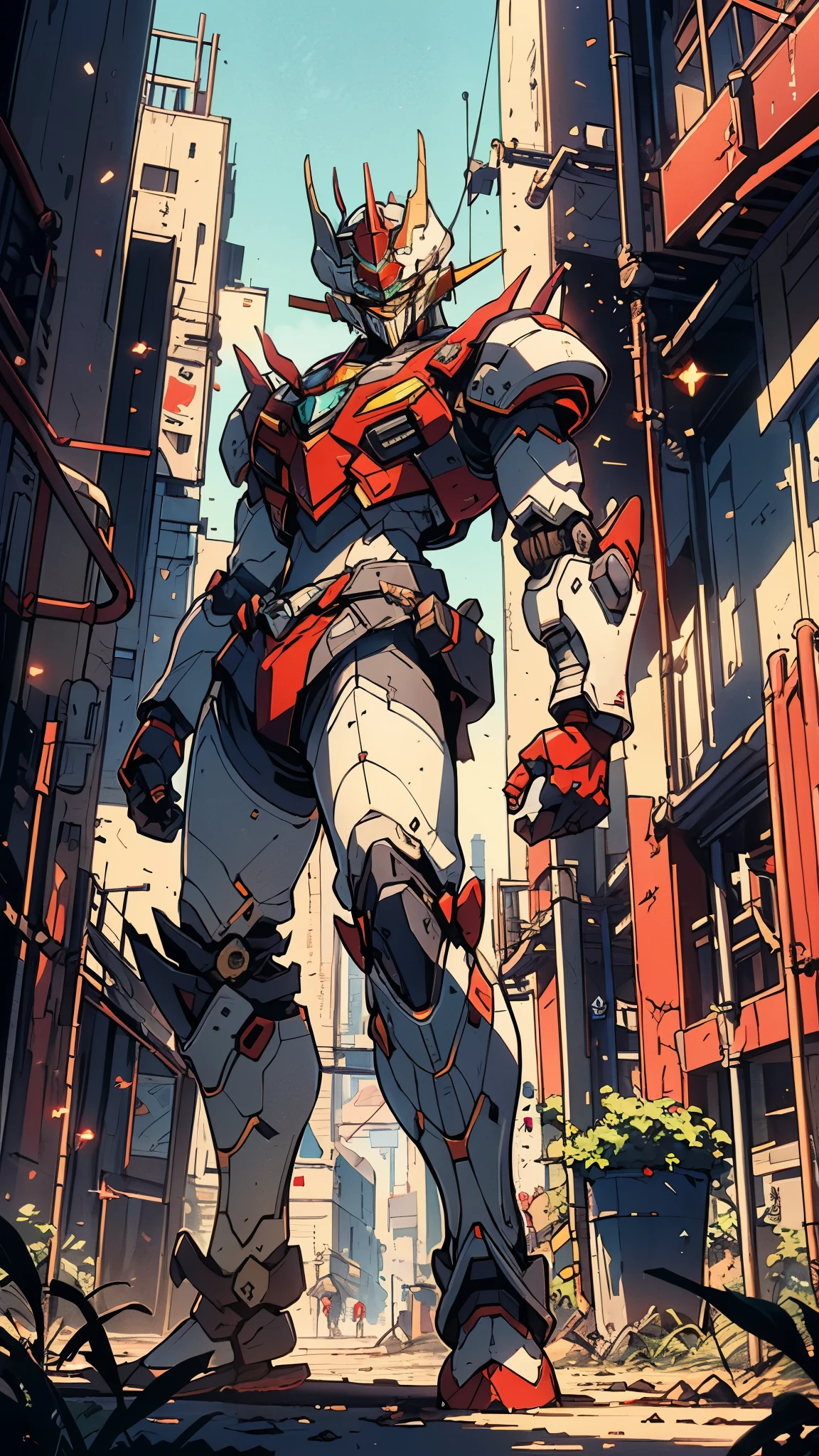 A man wearing a full-face helmet, a fantasy-style biotech armored combat suit, green eyes, (a composite layered chest armor), fully enclosed shoulder guards, matching arm and leg guards, the belt is adorned with Z mark, (the color scheme is primarily white with red and blue accents), the design balances heavy with agility, a high-tech bio-mecha armor, (Armor Concept Inspired by Mazinger Z, stand on the top of a skyscraper in a futuristic sci-fi city), this character embodies a finely crafted fantasy-surreal style armored hero in anime style, exquisite and mature manga art style, (battle damage, element, plasma, energy, the armor glows), ((male:1.5)), metallic, real texture material, dramatic, high definition, best quality, highres, ultra-detailed, ultra-fine painting, extremely delicate, professional, perfect body proportions, golden ratio, anatomically correct, symmetrical face, extremely detailed eyes and face, high quality eyes, creativity, RAW photo, UHD, 32k, Natural light, cinematic lighting, masterpiece-anatomy-perfect, masterpiece:1.5