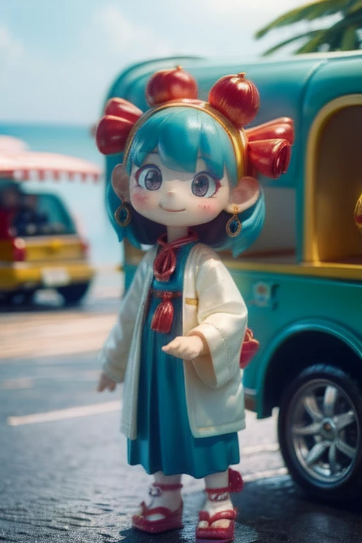 The following scenes will be made into toy camera photos.（morning、 Posing in front of colorful EVs in a parking lot near the beach、 National costume、ethnic hair ornament、Ethnic characteristic shoes、smile、shining light）
