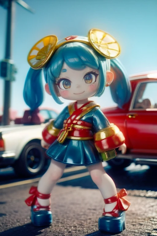 The following scenes will be made into toy camera photos.(morning、 Posing in front of colorful EVs in a parking lot near the beach、 National costume、ethnic hair ornament、Ethnic characteristic shoes、smile、shining light)