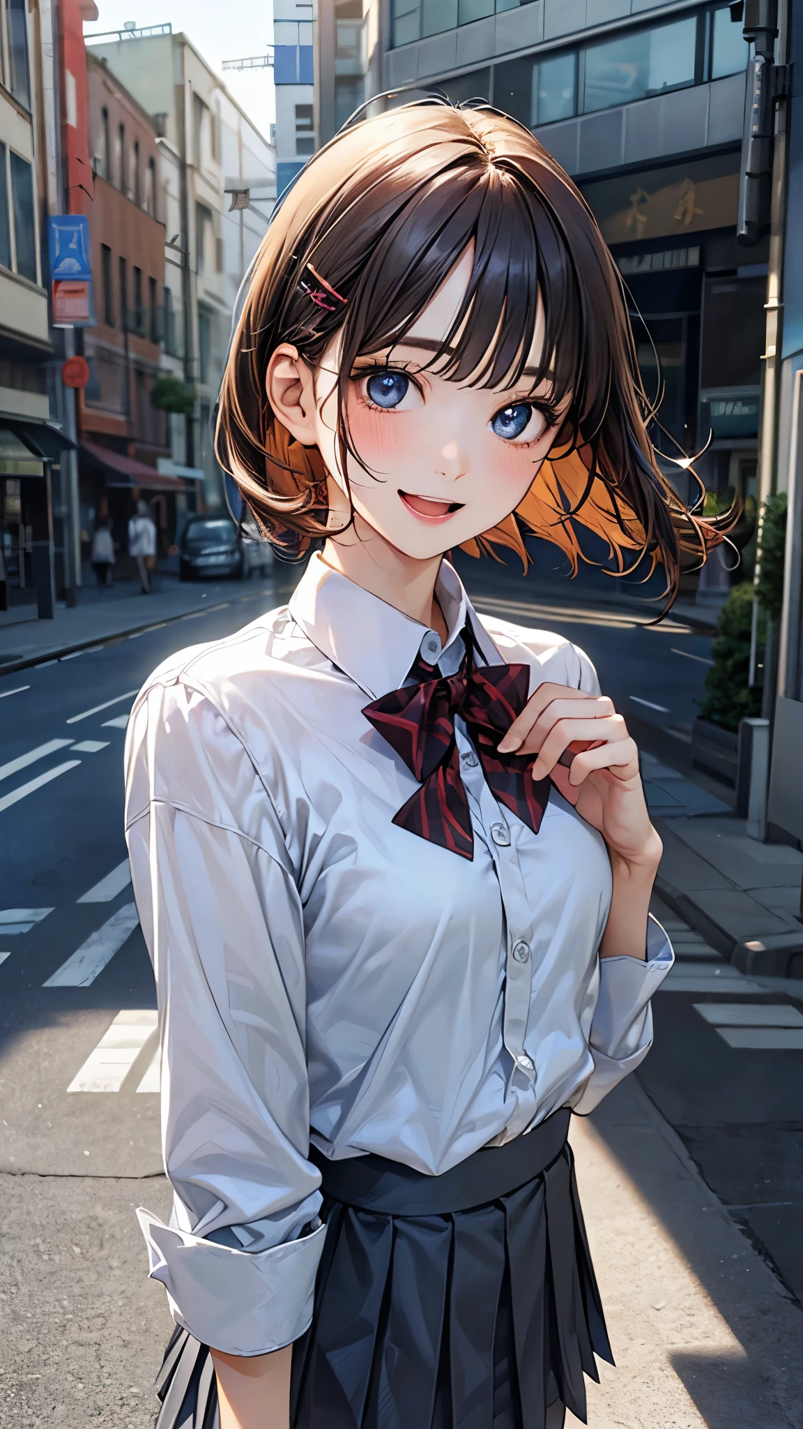 (masterpiece:1.2, top-quality), (realistic, photorealistic:1.4), beautiful illustration, (natural side lighting, movie lighting), nsfw,
looking at viewer, (face focus, upper body), 1 girl, japanese, high school girl, perfect face, cute and symmetrical face, shiny skin,
(short hair:1.2, straight hair, navy blue hair), swept bangs, blue eyes, big eyes, long eye lasher, (medium breasts), slender, dark red hair ribbon,
beautiful hair, beautiful face, beautiful detailed eyes, beautiful clavicle, beautiful body, beautiful chest, beautiful thigh, beautiful legs, beautiful fingers,
((white collared shirts, grey pleated mini skirt), break, dark red bow tie), yellow hair clip, grey school bug,
(beautiful scenery), morning, (street:1.2), walking, {hands between legs | hands on chest}, (lovely smile, open mouth small),