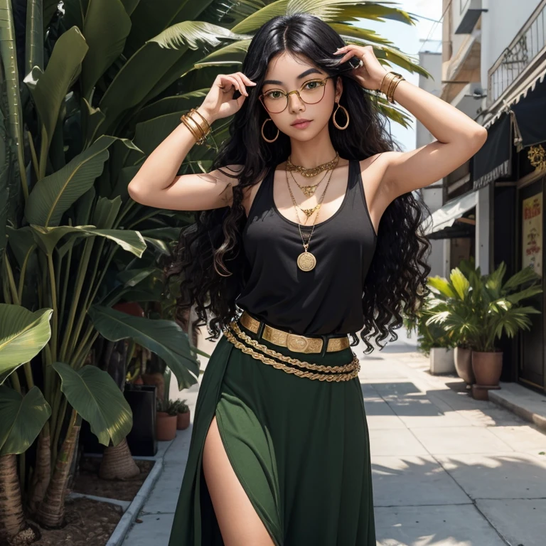 A cute Asian and Black mixed-race gypsy girl with brown skin, long curly black hair, green Asian monolid eyes, and big black round glasses, wearing a black tank top, a green skirt, agold coin belt, and gold jewellery in a tropical city with palm trees