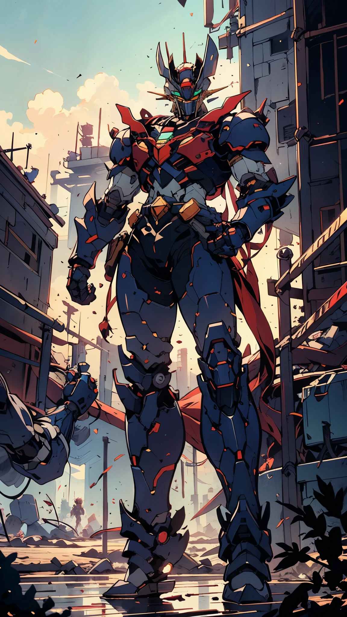 A man wearing a full-face helmet, a fantasy-style biotech armored combat suit, green eyes, (a composite layered chest armor), fully enclosed shoulder guards, matching arm and leg guards, the belt is adorned with Z mark, (the color scheme is primarily white with red and blue accents), the design balances heavy with agility, a high-tech bio-mecha armor, (Armor Concept Inspired by Mazinger Z, stand on the top of a skyscraper in a futuristic sci-fi city), this character embodies a finely crafted fantasy-surreal style armored hero in anime style, exquisite and mature manga art style, (battle damage, element, plasma, energy, the armor glows), ((male:1.5)), metallic, real texture material, dramatic, high definition, best quality, highres, ultra-detailed, ultra-fine painting, extremely delicate, professional, perfect body proportions, golden ratio, anatomically correct, symmetrical face, extremely detailed eyes and face, high quality eyes, creativity, RAW photo, UHD, 32k, Natural light, cinematic lighting, masterpiece-anatomy-perfect, masterpiece:1.5